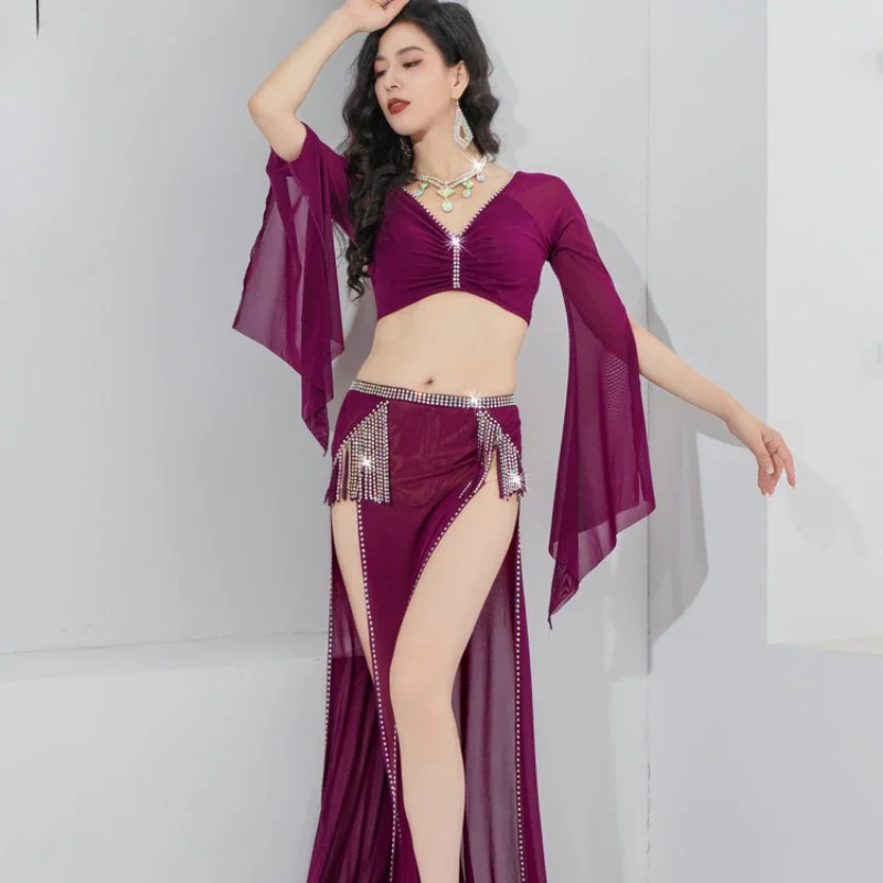 BellyDance Practice Set Oriental Sexy V-neck Top+Tassel Split Long Skirt 2pcs Belly Dancing Professional Training Clothing