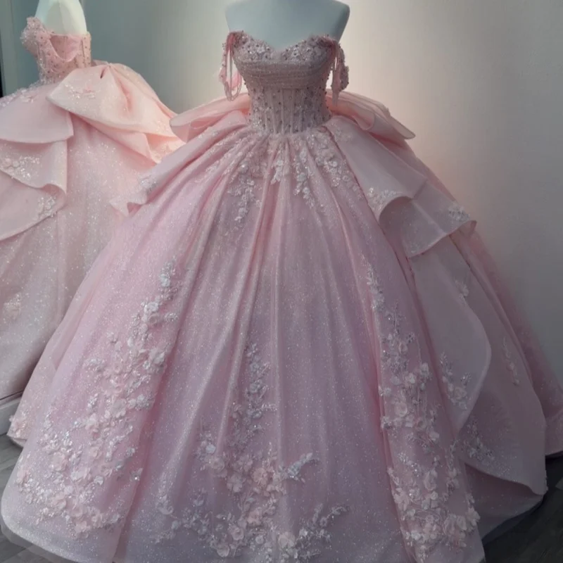 

Shiny Pink Quinceanera Dresses Off the Shoulder Sequin 3D Flower Decal Long tail Bow Vestido De 15 Quinceanera Customize
