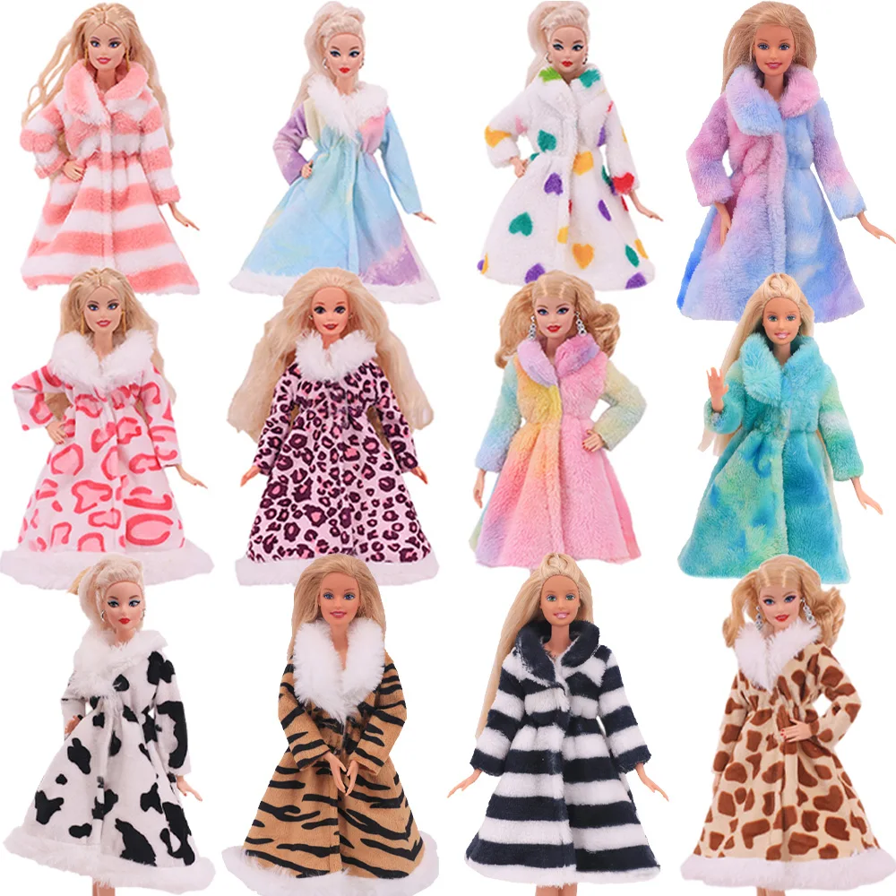 1 Set Multicolor Long Sleeve Soft Fur Coat Tops Dress Winter Warm Casual Wear Accessories Clothes for Barbie Doll Kids Toy