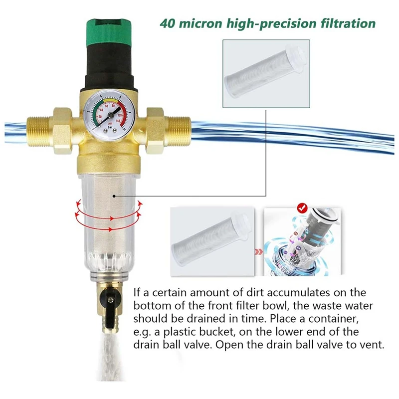 Backwash Filter With Pressure Regulator And Pressure Gauge, 3/4 Inch House Connection, Reusable Pressure Regulator