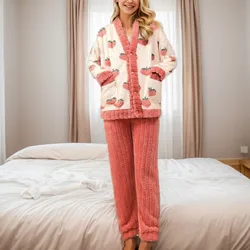 Women'S Cute Peach Pajamas Set Cardigan Coral Flannel Pajamas Pants Set Fleece Thickened Homewear Warm Sleepwear For Winter