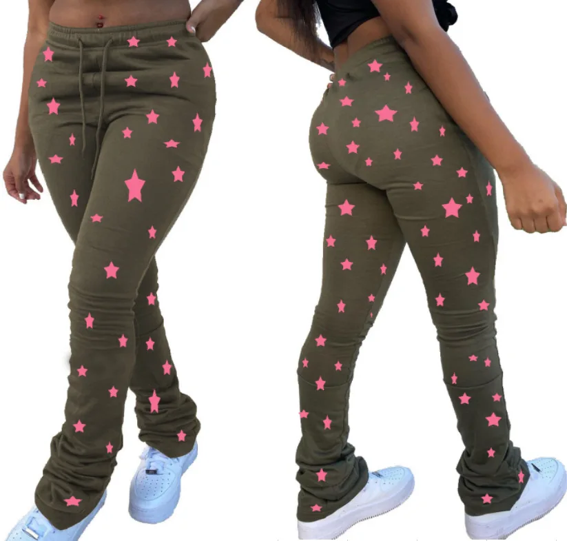 Autumn and winter European and American women\'s clothing leggings plus size imitation denim printed drawstring stacking pants