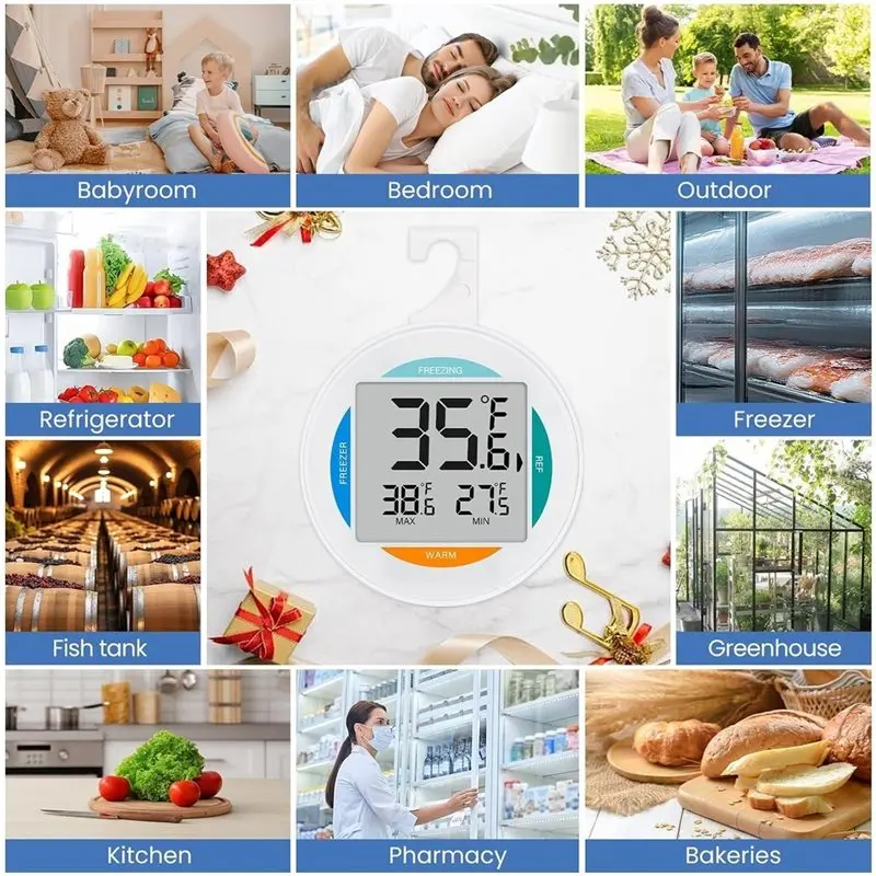 A01F-Large LCD Screen Fridge Thermometer, Waterproof Digital For Home& Kitchen, 2-Pack Freezer Model Refrigerator