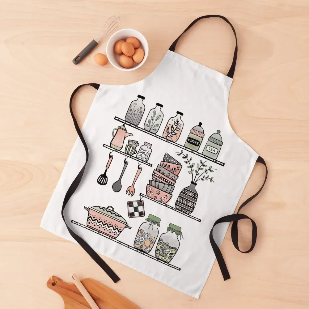 

Coral pink boho kitchen shelf drawing, maximal minimalism Apron Bib For Kitchen Barista cook wear Apron