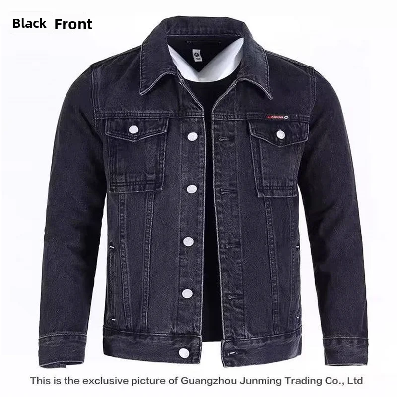 Loose Fit Men's Denim Jacket Thickened Spring Autumn Flip Collar Wear Resistant Dirt Proof Grey Jeans Material Youth Casual Wear