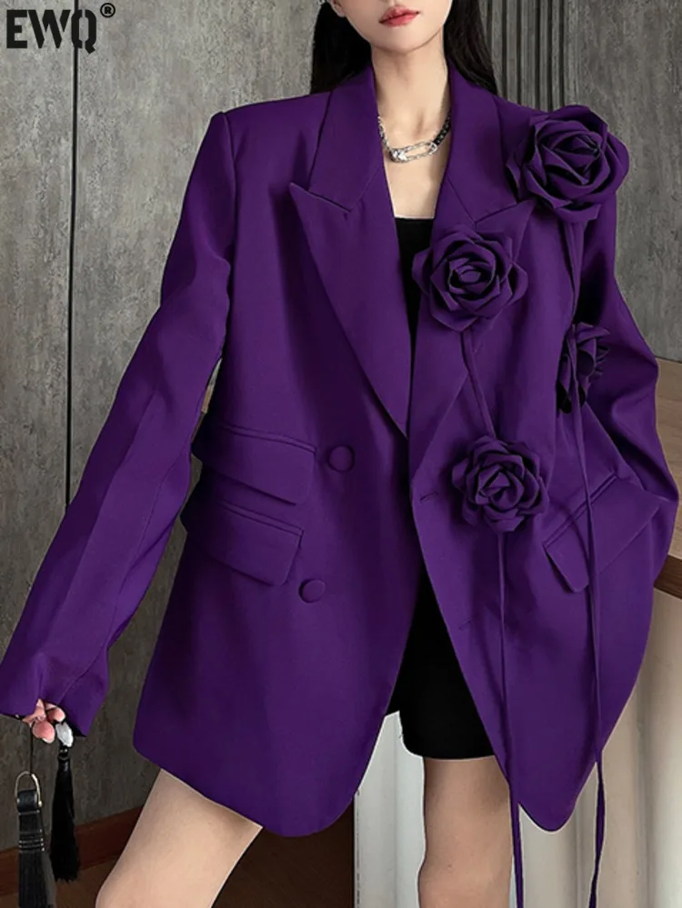 [EWQ] Cappotto blazer a maniche lunghe con design floreale 3D viola Moda All-match Chic Allentato Cappotto da donna 2024 Autunno Nuova marea 16O2904