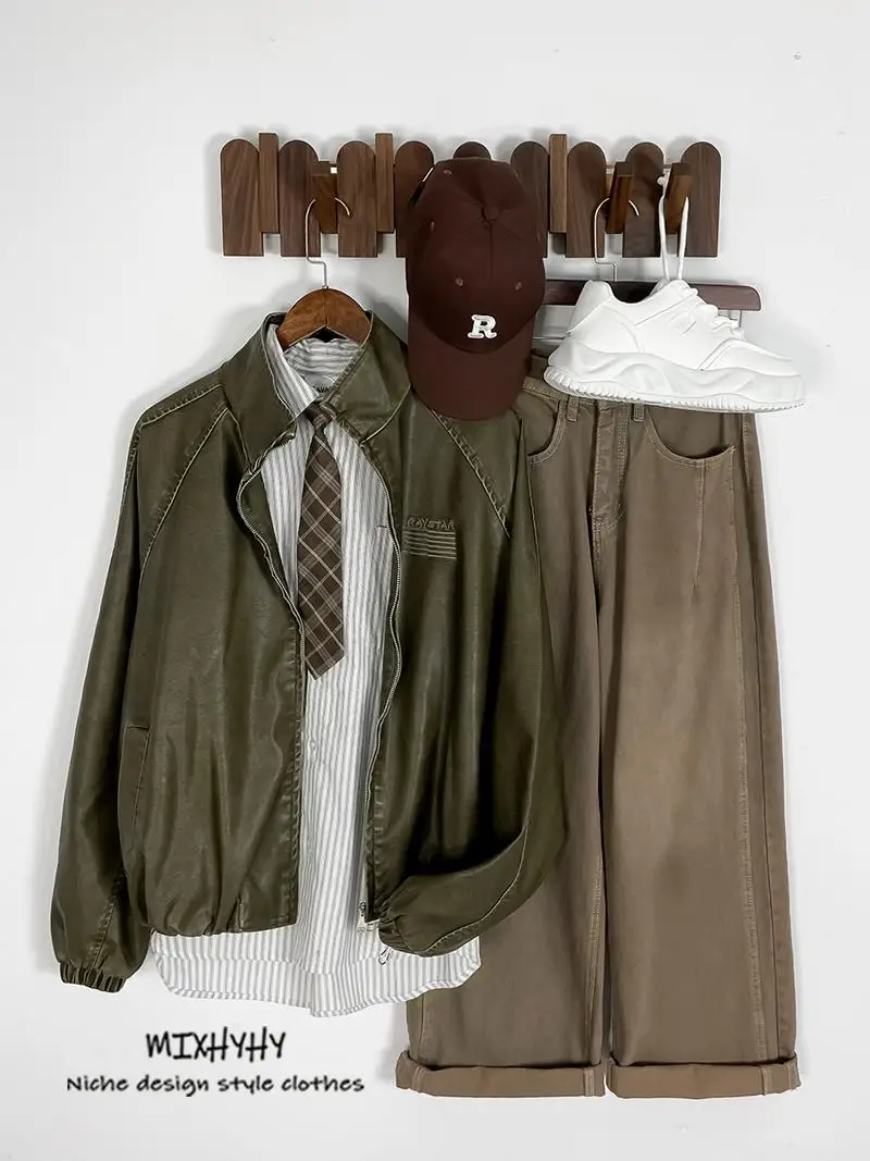 

MIXHYHY Men's Vintage ort Leather Jaet Loose Fit Stand Collar Trendy Brand Autumn Winter Faion Outerwear