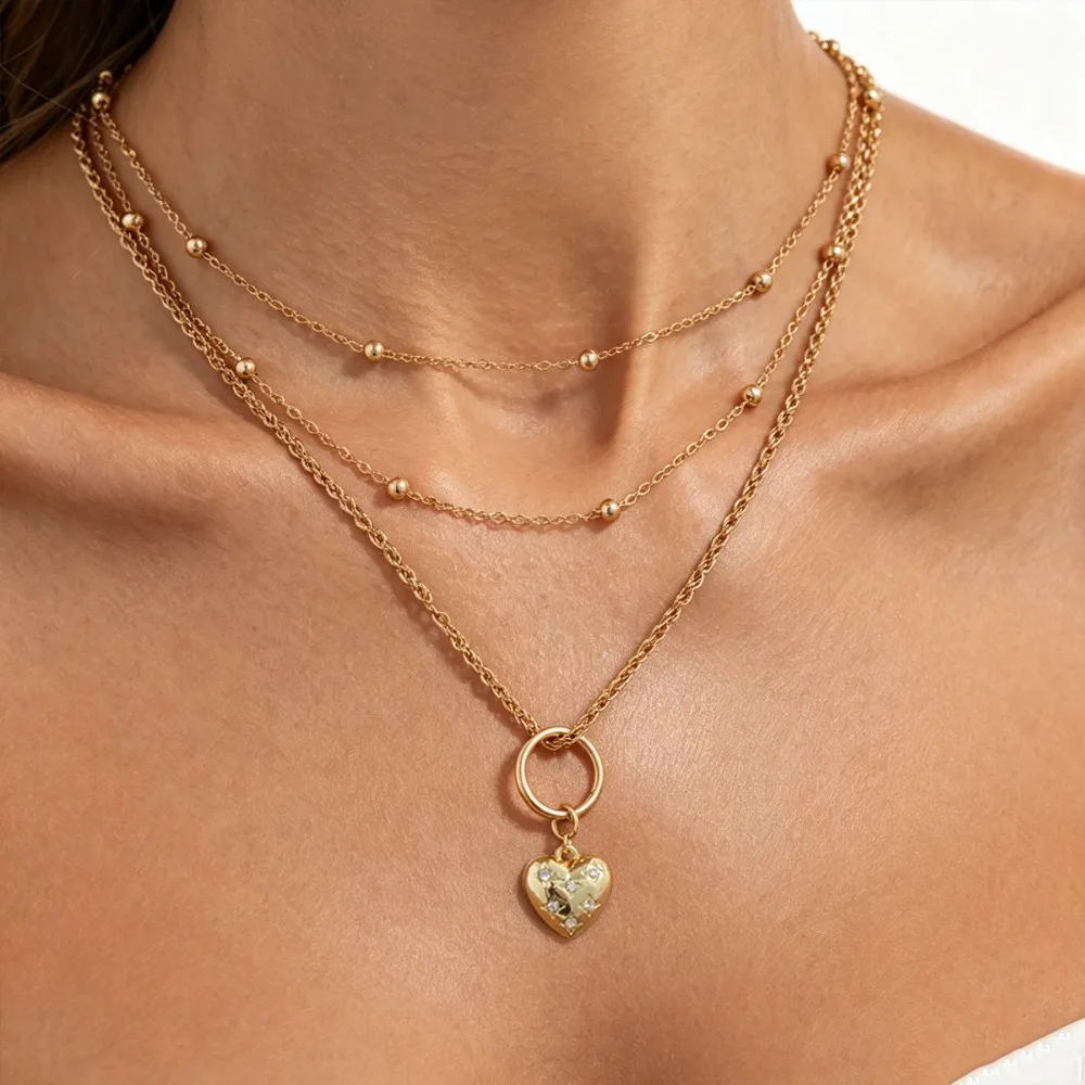 Y2K Vintage 3 Layered Micro-inlay Zircon Heart Pendant Necklace for Women Bead Thin Chain Multi Stackable Choker Punk Jewelry