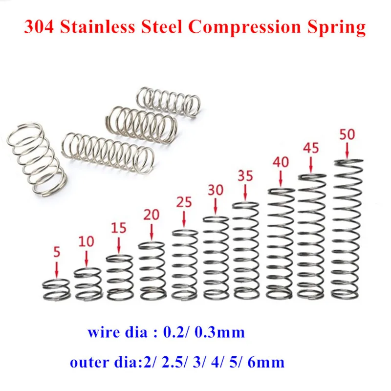 10pcs/lot 0.2mm 0.3mm 304 Stainless Steel Micro Small Compression Spring OD 2/2.5/3/4/5/6mm Length 5mm to 50mm