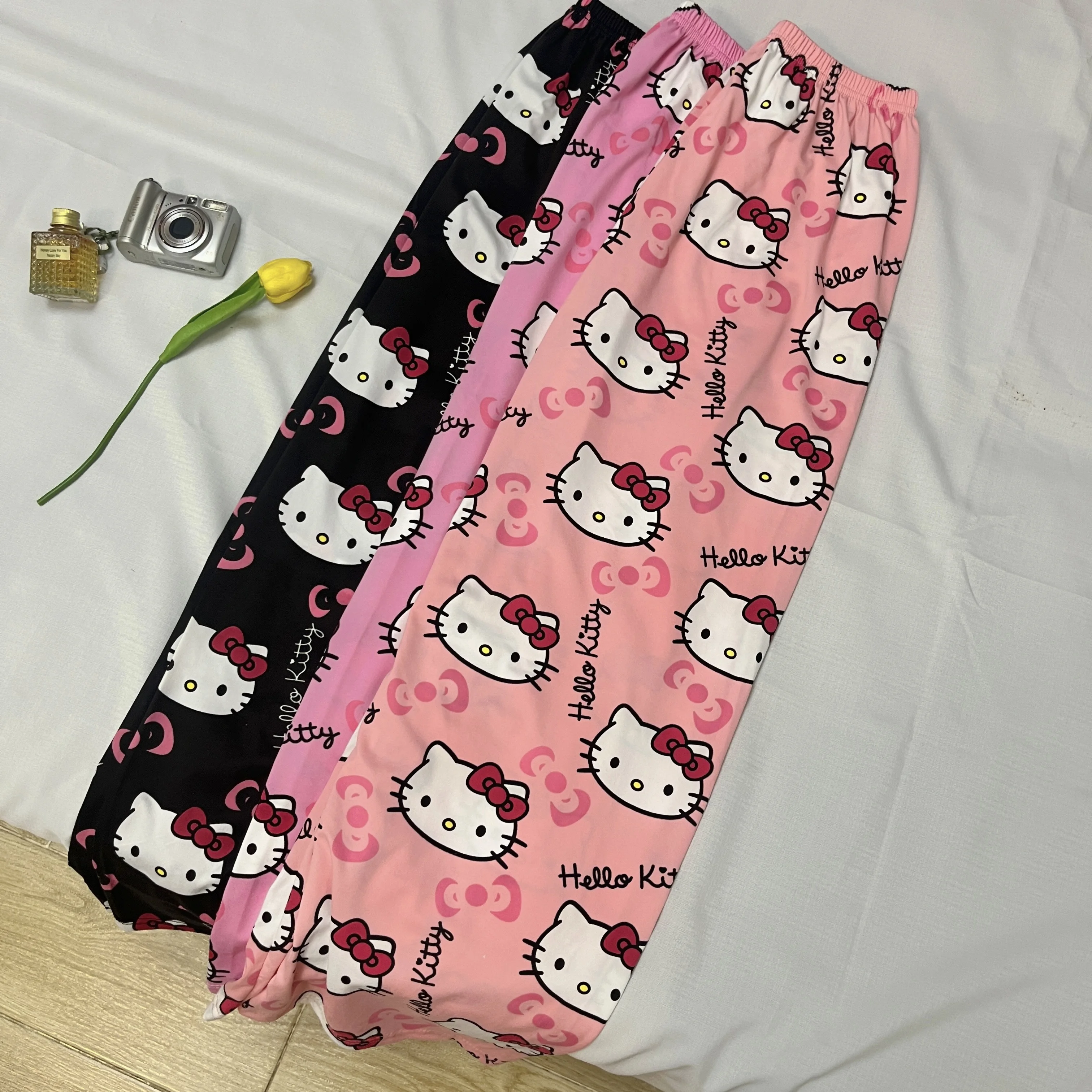 Sanrio Hello Kitty Calça fina de pijama feminina casual, calça macia, solta e respirável, presente, verão, nova