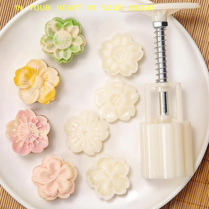 Reusable Mooncake Mold Hand-Pressure Plastic Cookie Stamps Lion Cherry Flower Pattern for DIY Mid-Autumn Festival Pastry Baking
