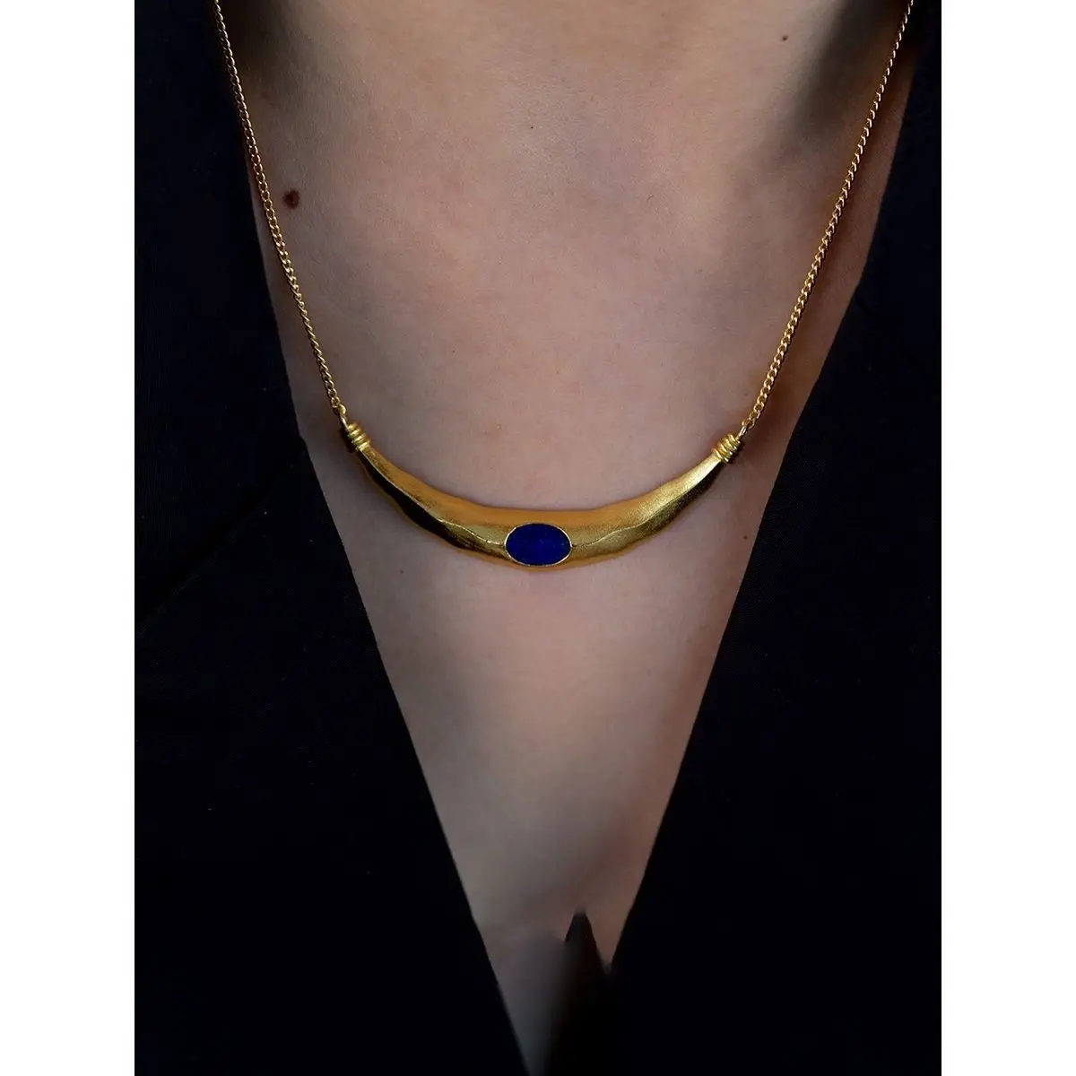 

Free Shipping Luxury Designer Turkish Jewelry Vintage Style Lapis Hammered Chokers Necklaces Art Deco Blue Gem Stones Neck Chain