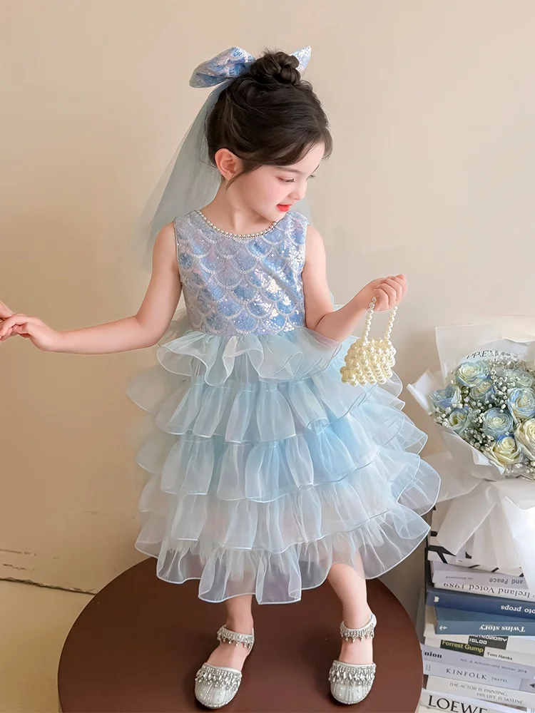 ブループリンセススカート-女の子用-夏用-ノースリーブメッシュベスト-ダンスパフォーマンスドレス-キラキラ輝くスパンコール-ハイウエストaラインスカート
