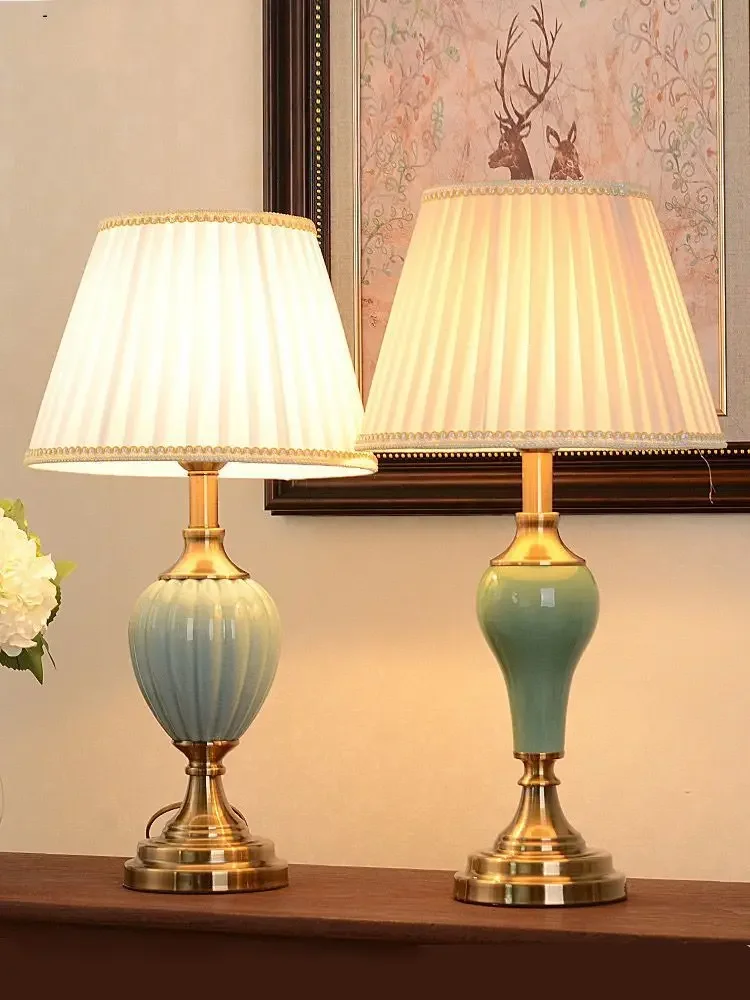 American Pastoral blue ceramic lamp bedroom bedside lamp  Jingdezhen copper decorative lamp free shipping