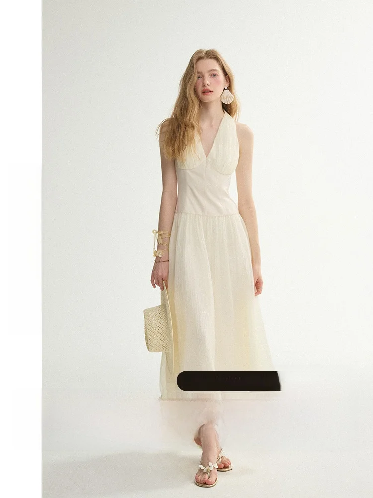 

Летнее длинное платье с v-образным вырезом и V-образным вырезом, белое платье миди с застежкой-молнией, женская французская юбка-фея, цельная юбка 2025, S...