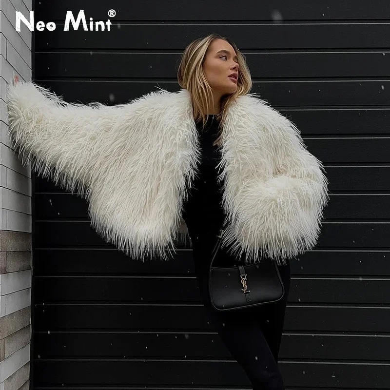 Neo Mint 2024 Winter Tassels Faux Fur Coat for Women Stylish Chic Fluffy Fur Jacket Furry Fox Fur Overcoat Girl Shaggy Outerwear