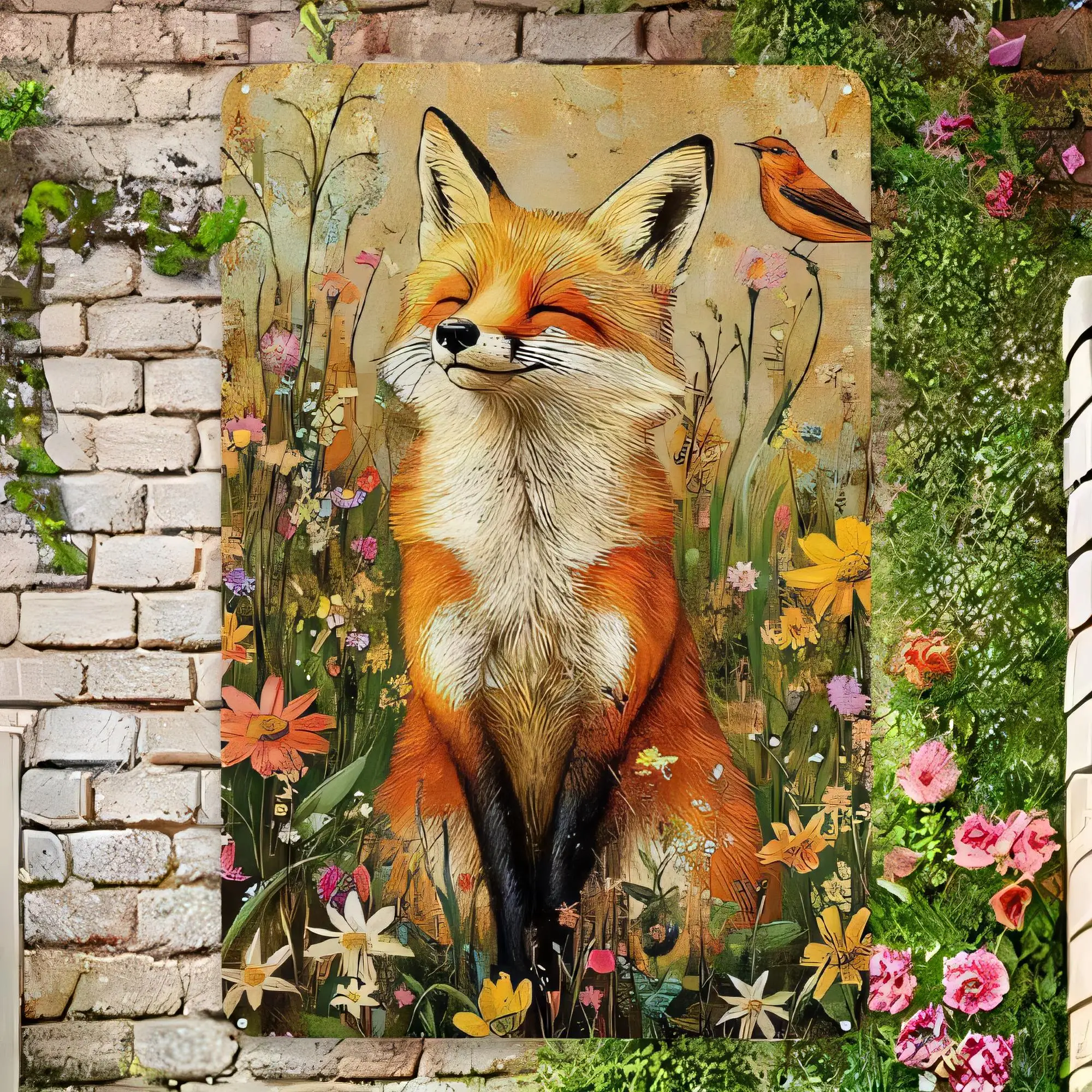 Tin Sign Fox in Wildflowers Forest Retro Metal Wall Art, Vintage Rustic Cottage Garden Decor, Colorful Woodland Animal Painting