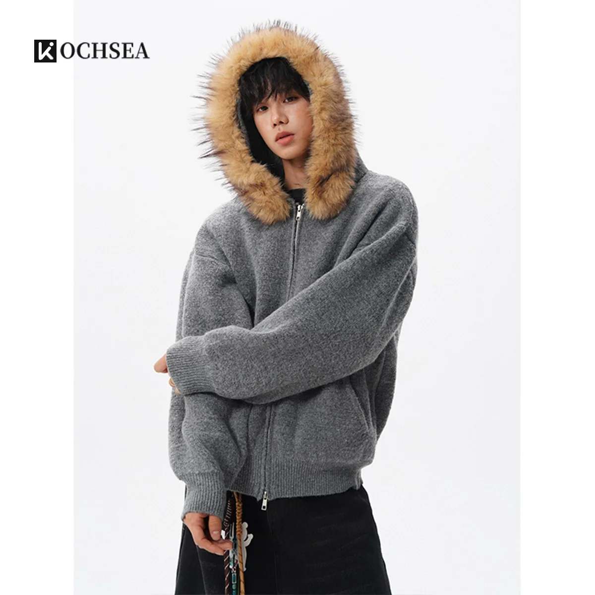 سترة صوفية بياقة من الفرو قابلة للفصل للرجال، سترة بغطاء للرأس بسحاب على الطراز الأمريكي العتيق، معطف دافئ محبوك