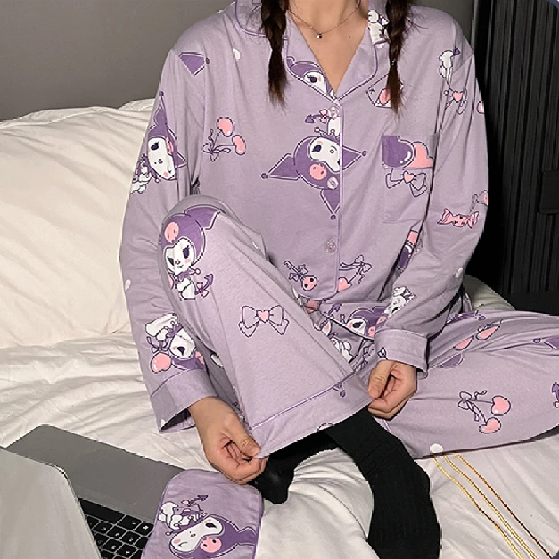 Sanrio Japanese Kuromi Cotton Pajamas Spring And Autumn New Long-Sleeved Comfortable Cartoon Student Two-Piece Set Home Clothes