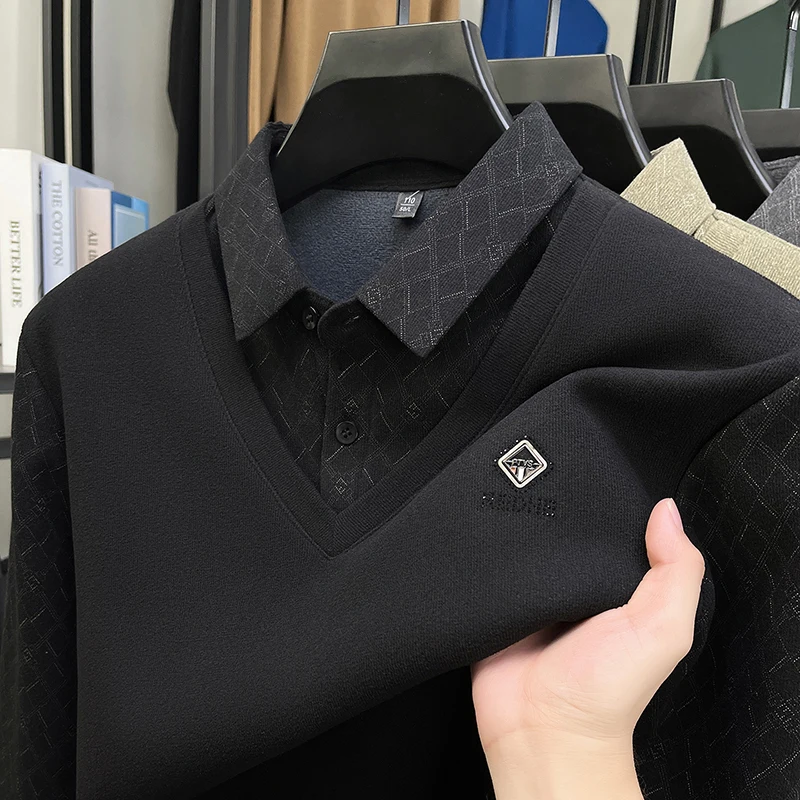Marca de moda em relevo camisa gola camisola masculina inverno pelúcia grosso quente luxo novo pulôver de malha negócios casual masculino wear