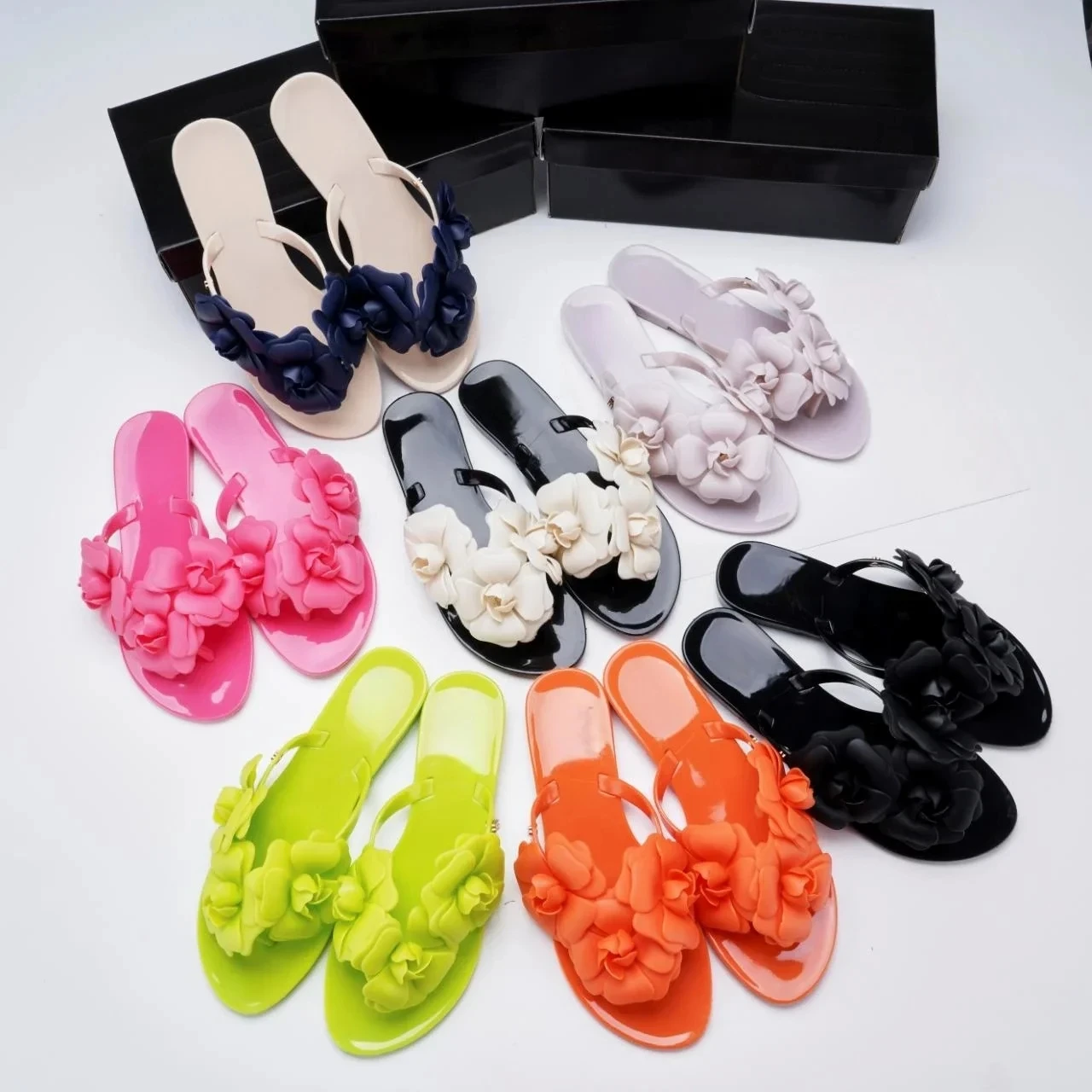 Mini Melissa Women's Jelly Shoes Brazil 3D Camellia Flower Flat Bottom Slippers Sweety Girls Candy Color Flower Beach Shoe Flip