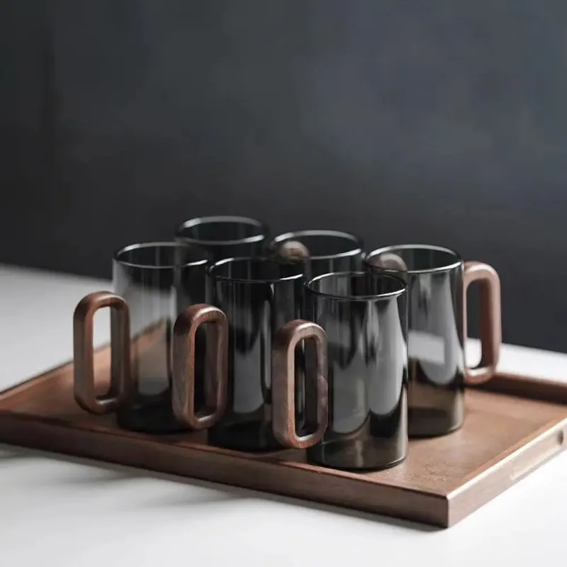 Household Creative Smoke Gray Wooden Handle Glass Mug Single-layer High Borosilicate Heat-resistant Glass Teacups