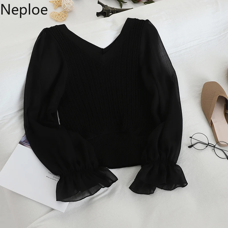 Neploe Fashion Patchwork Mesh Blouse Women V Neck Knit Flare Long Sleeve Blusas 2024 Autumn Spring New Slim Shirt Elegant 47108