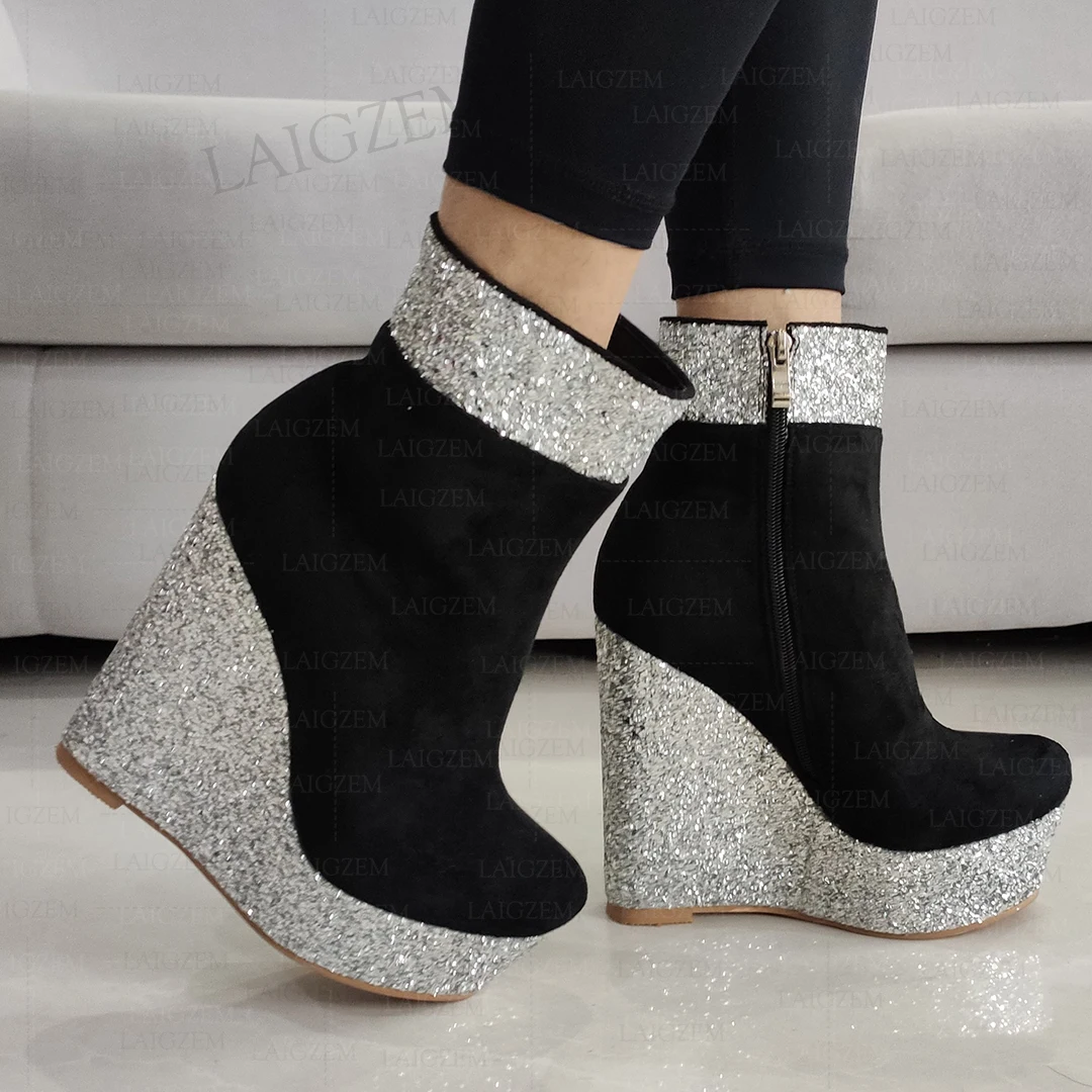 LAIGZEM Women Ankle Boots Platform Wedges Bling Glitter Faux Suede Short Boots Patchwork Ladies Shoes Woman Big Size 41 43 45 52