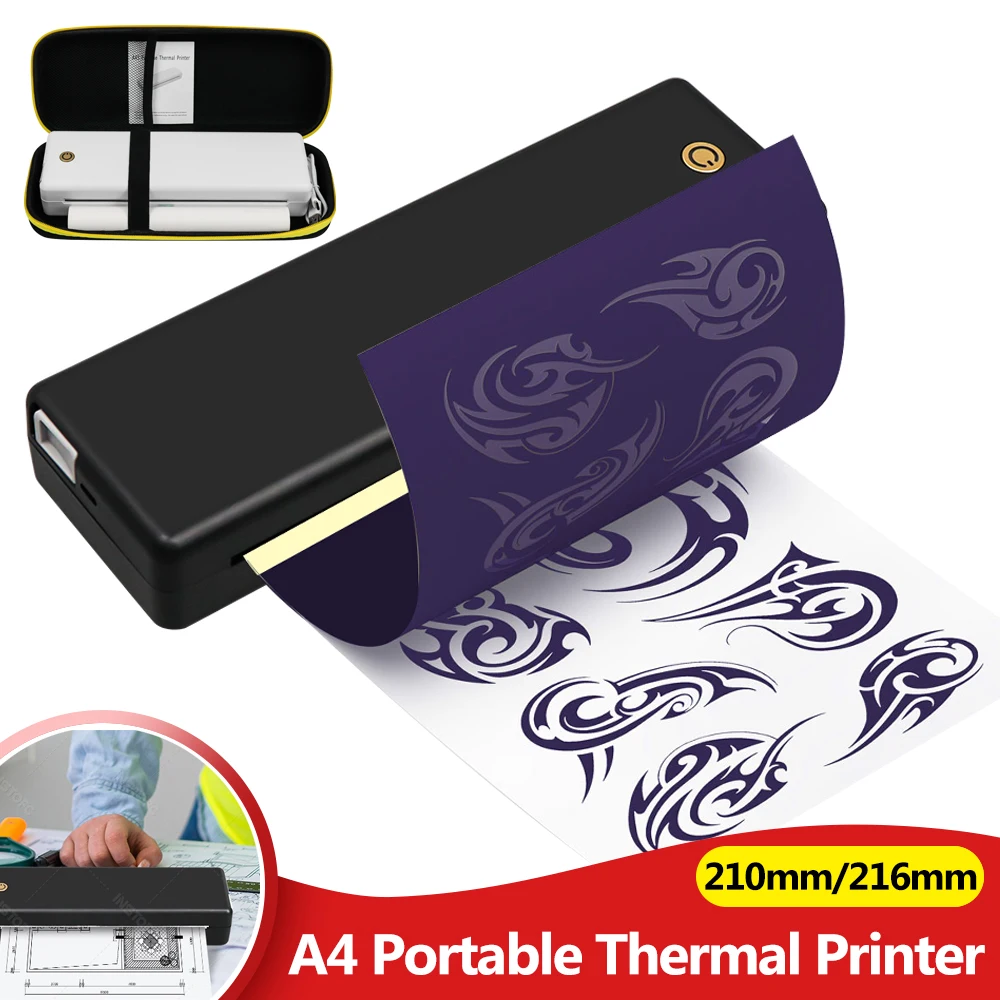 

A4 Portable Thermal Printer Inkless Printing Tattoo Stencil Maker Folded Rolls Paper Storage Bag Wireless for Travel Office Use
