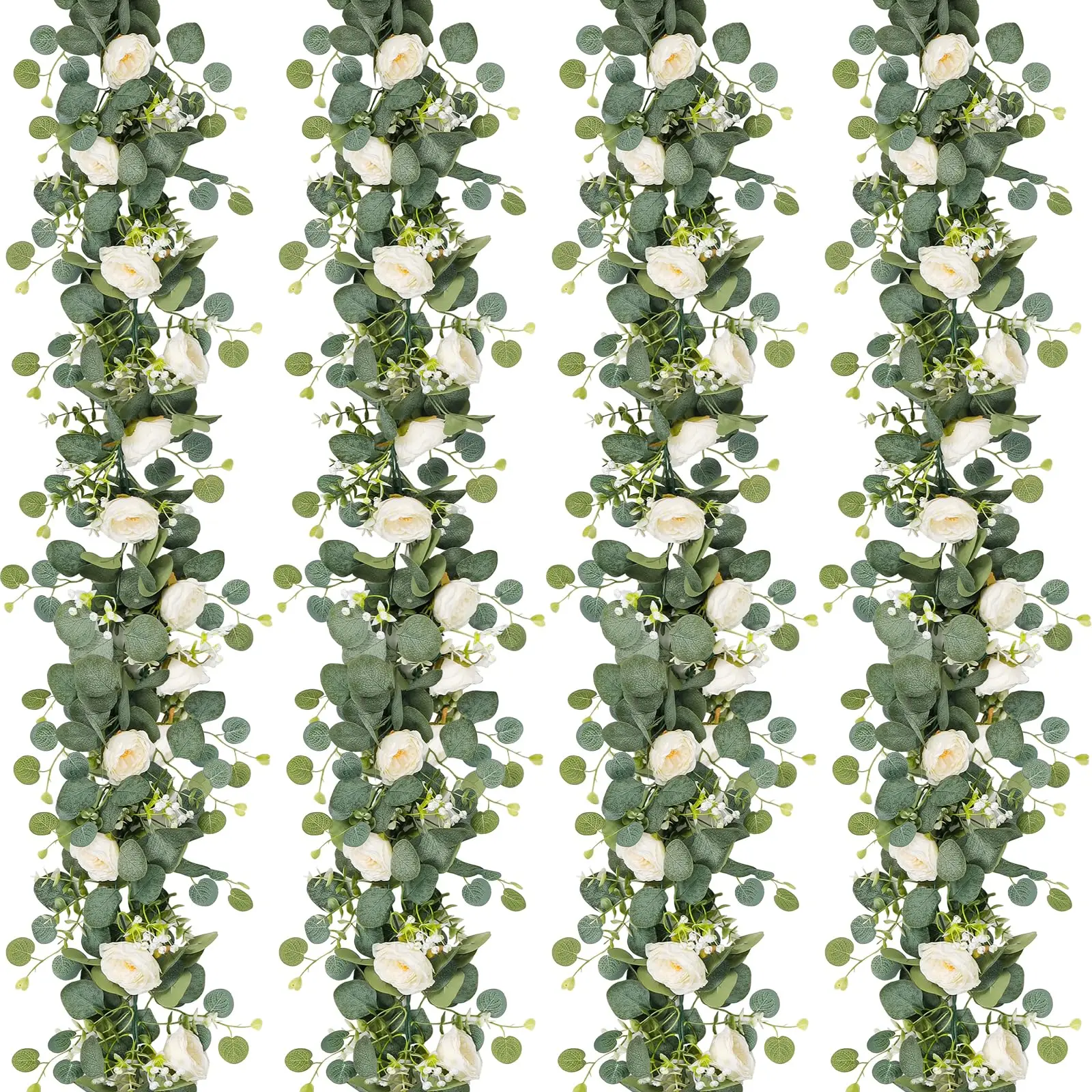 180CM Artificial Eucalyptus Garland with White Roses Fake Rose Flower Greenery Garland Vines for Wedding Home Party Table Decor