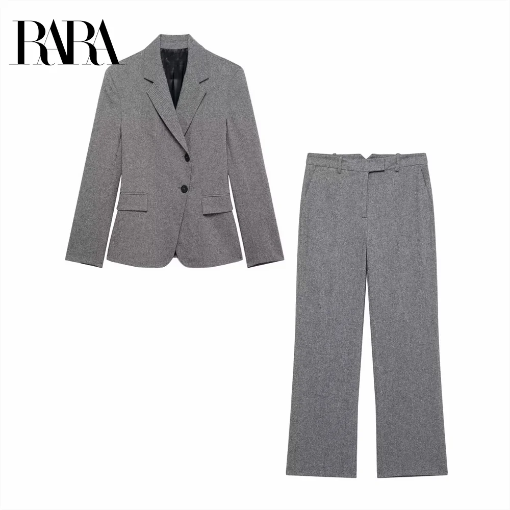 2025 RARA Women's Classic Notched - lapel Blazer and Straight - leg Trousers Suit in Light Grey for a Polished Look