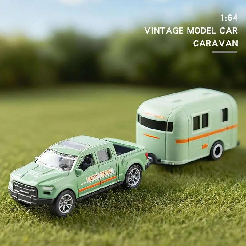 1:64 Alloy Diecast Pickup Caravan Car Model Classic Pull Back Car Miniature Vehicle Replica For Collection Gift For Kids