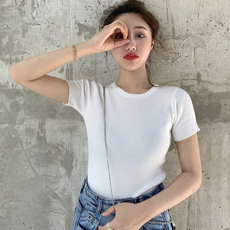 Elegant Crew Neck Slim Knitted T-shirt For Women Classic Solid Color Short Sleeve Casual Tops Summer Girly Versatile Pullover