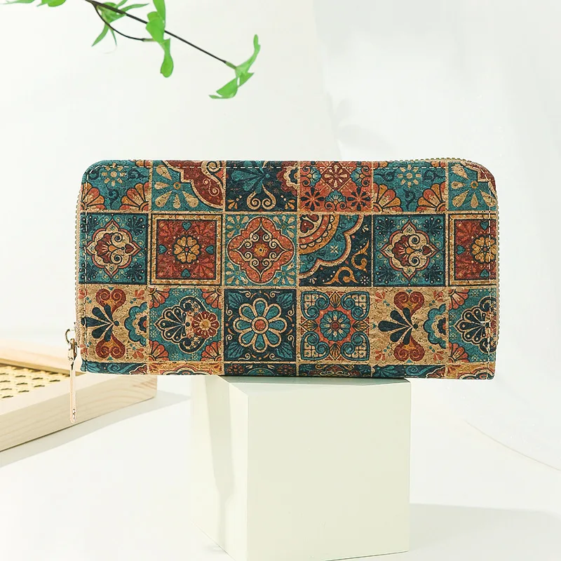 8pcs Wallet For Women Cork Leather Rose Grid Printing Multifunctional Phone Long Card Holder