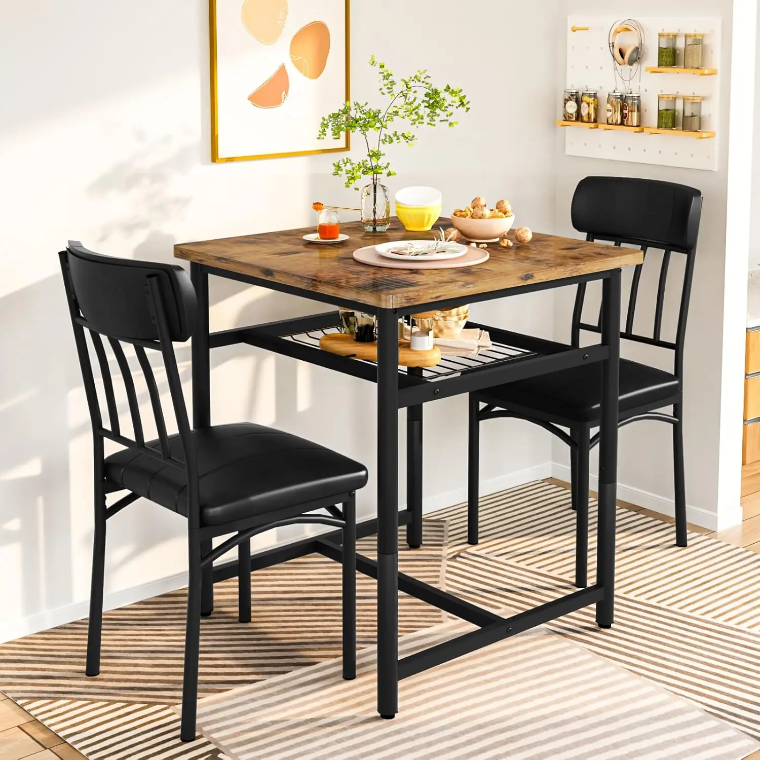 3-Piece Wooden Table And Chairs Set, Kitchen Table And Leather Chairs For 2 People, Built-In Wine Ra For Small Space, Square