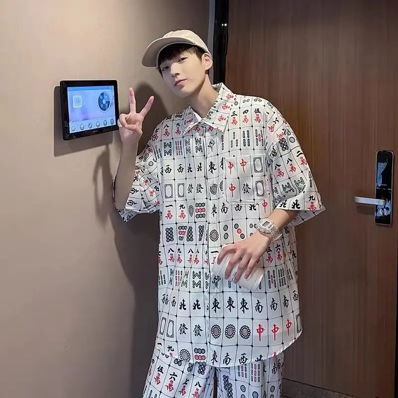 

Mahjong Shirt Men Japanese Casual Printed Short Sleeve Street Chinese Hawaii Beach Oversize Women Fashion Harujuku Shirts Korean