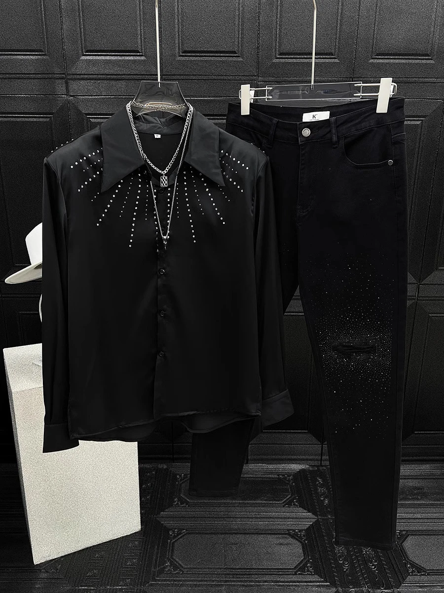 High-end Fashion Striped Hot Diamond Long-sleeve Shirts Men's 2025 Spring Summer New Handsome Trendy Tops Shoulder Padded Shirt