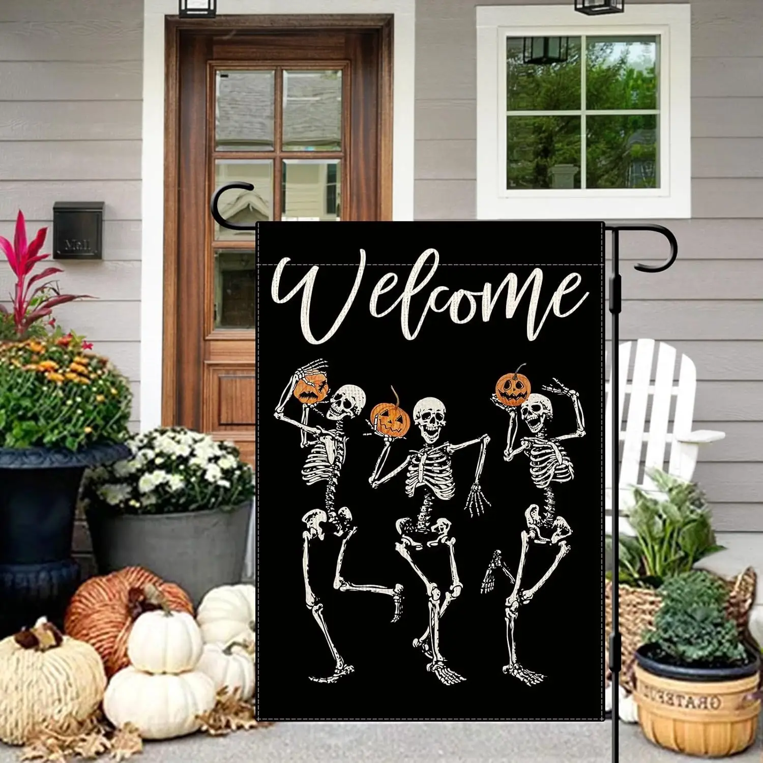 DLZDN Welcome Halloween Skull Garden Flag Funny Horror Scary Garden Flag Skeleton Pumpkin Yard Flag 12×18 Inch Double Sided  GGX
