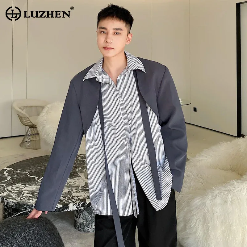 

LUZHEN Personality Trendy Splicing Design Fake Two Piece Long Sleeved Shirts Original New Men's Stylish High Street Tops LZ3774