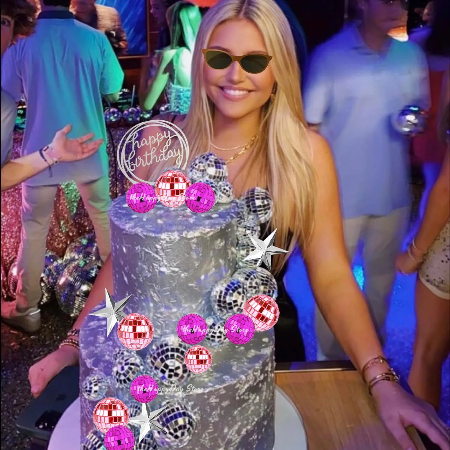 Heißrosa Spiegelkugel-Kuchendekoration Disco-Kugeln Kuchenaufsätze Rosa Silberne Spiegelkugel 80er Disco Geburtstag Hochzeit Kuchendeko – Detail 3