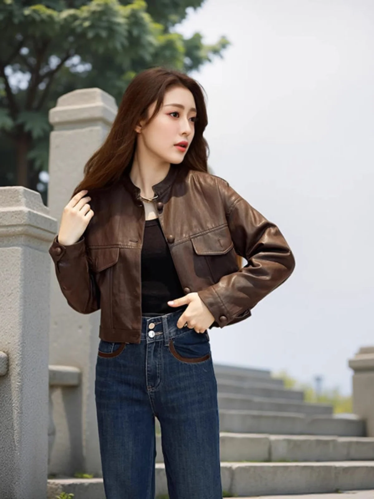 

Универсальная женская кожаная куртка Ele: модная верхняя одежда, приталенный крой, ретро-воротник-стойка, осень-зима, новинка