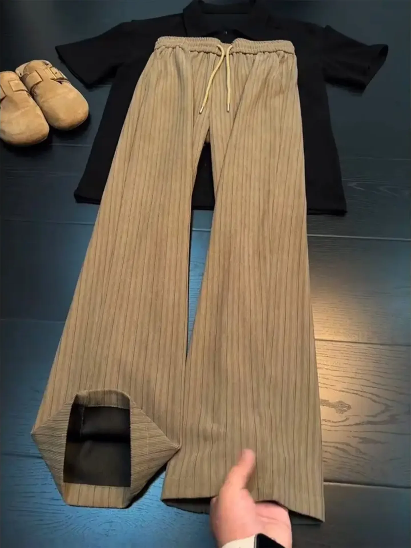 Loose Fit Men's Casual Pants Bell Bottoms Vertical Stripes Textured Drapey Lazy Style Retro Feel Slimming Long Trousers