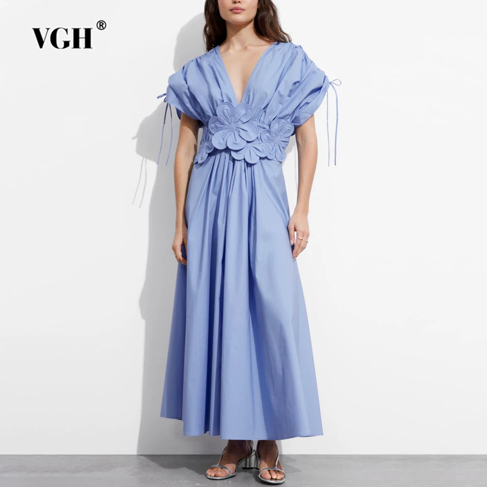 

VGH Patchwork Appliques Elegant Dress For Women V Neck Short Sleeve High Waist Spliced Lace Up Hollow Out Dresses Female Fashion