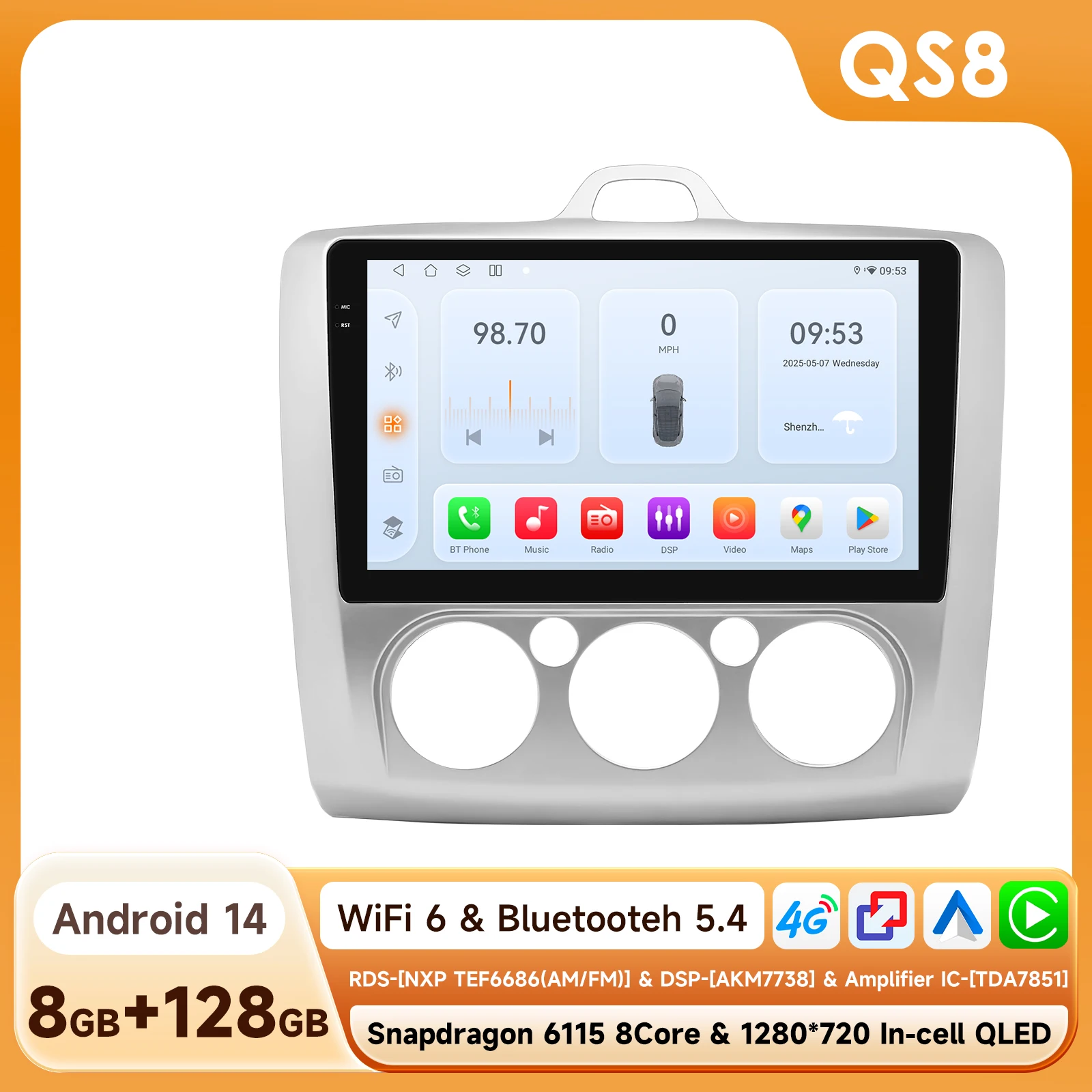 Carplay Auto Android Radio für Ford Focus 2 3 Mk2 Mk3 2004 2005-2011 Exi MT Auto 4G Multimedia Player GPS 2din 9 "2 Din Autoradio