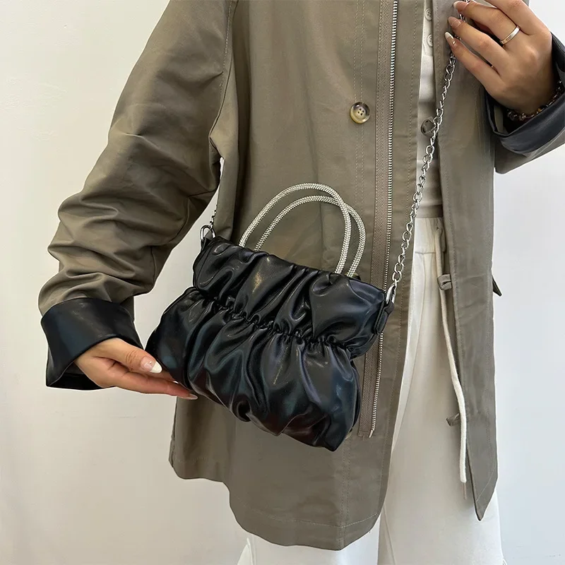 Luxury Designer Handbag 2024 Women Bling Rhinestone Handle Shoulder Bag for Wedding Party Ladies Pleated Small Square Bag