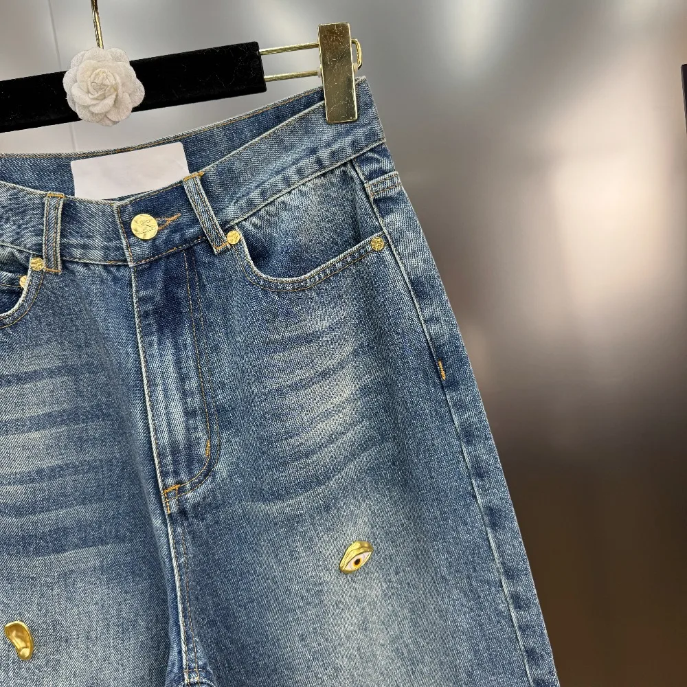 High Street Jeans Pants Women's Handmade Metal Buckle Decoration Mid Waist Wide Leg Straight Tube Blue Washed Denim Long Pants