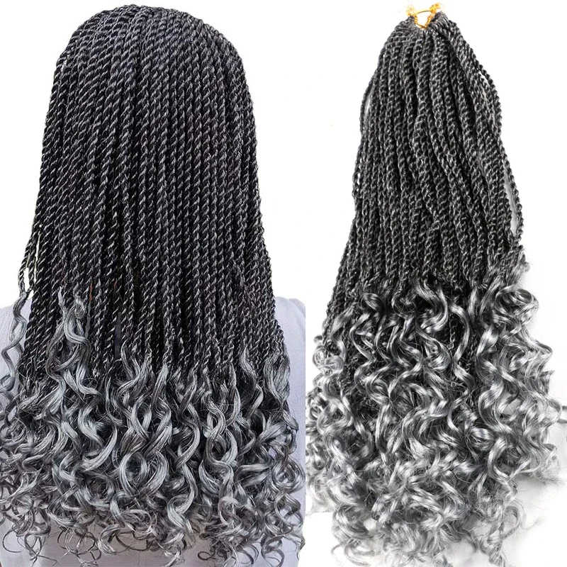 Goddess Senegalese Twist Crochet Hair Grey Synthetic Extensions Curly Ends Braiding Hair For Black Women 18 Inches 30 Strands