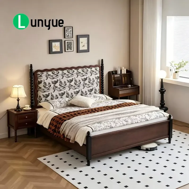 Medieval Modern Style Solid Wood Soft Bed Frame Double Oversized Size Eco Friendly Durable Comfortable Bedroom Furniture