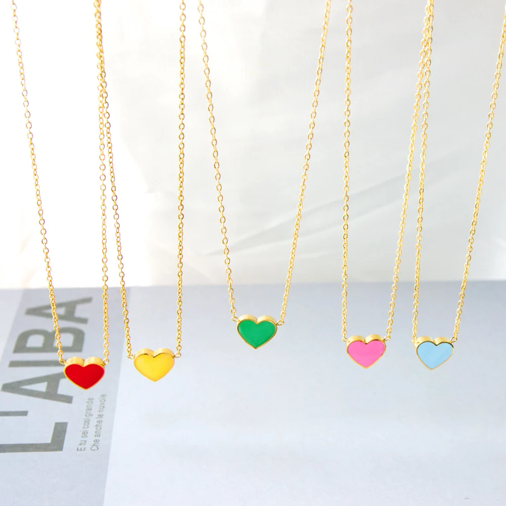 LUXUSTEEL Fashion Oil Drip Pink Red Colorful Love Heart Pendant Necklace For Women Girls Stainless Steel Rolo Chain Choker BFF