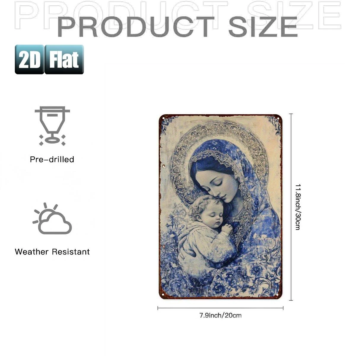 2D Vintage Metal Sign, Blue White Porcelain Art Madonna Child, Flat Tin Plate Wall Decor for Room Restaurant Bar Garage